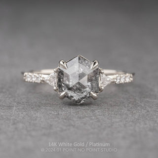 1.41 Carat Canadian Salt and Pepper Hexagon Diamond Engagement Ring, Eliza Setting, Point No Point Studio. Available in a variety of metal types. Eco-friendly, Recycled Metals, Conflict Free.
