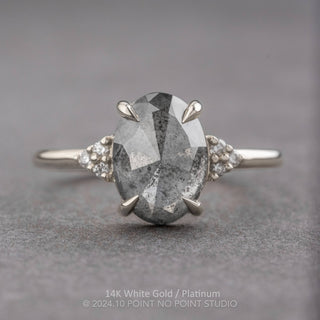 2.29 Carat Salt and Pepper Oval Diamond Engagement Ring, Quinn Setting, Point No Point Studio. Available in a variety of metal types. Eco-friendly, Recycled Metals, Conflict Free.