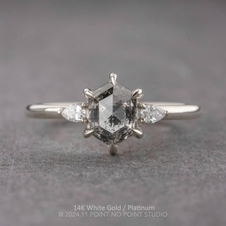 2.08 Carat Salt and Pepper Hexagon Diamond Engagement Ring, Zoe Setting, Point No Point Studio. Available in a variety of metal types. Eco-friendly, Recycled Metals, Conflict Free.
