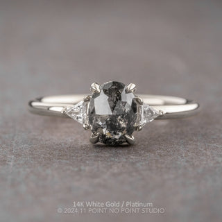 1.49 Carat Salt and Pepper Oval Diamond Engagement Ring, Zoe Setting, Point No Point Studio. Available in a variety of metal types. Eco-friendly, Recycled Metals, Conflict Free.
