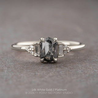 1.26 Carat Black Salt and Pepper Hexagon Diamond Engagement Ring, Dahlia Setting, Point No Point Studio. Available in a variety of metal types. Eco-friendly, Recycled Metals, Conflict Free.
