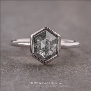 2.34 Carat Salt and Pepper Hexagon Diamond Engagement Ring, Bezel Jane Setting, Point No Point Studio. Available in a variety of metal types. Eco-friendly, Recycled Metals, Conflict Free.