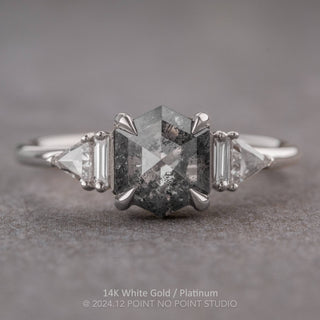 1.47 Carat Salt and Pepper Hexagon Diamond Engagement Ring, Beatrice Setting, Point No Point Studio. Available in a variety of metal types. Eco-friendly, Recycled Metals, Conflict Free.