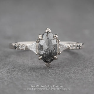 1.56 Carat Black Speckled Marquise Diamond Engagement Ring, Ombre Eliza Setting, Point No Point Studio. Available in a variety of metal types. Eco-friendly, Recycled Metals, Conflict Free.