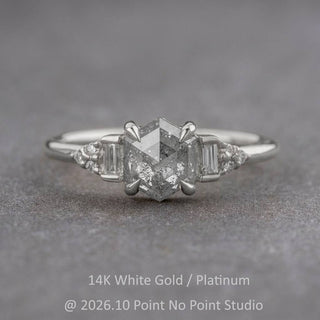 .99 Carat Salt and Pepper Hexagon Diamond Engagement Ring, Dahlia Setting, Point No Point Studio. Available in a variety of metal types. Eco-friendly, Recycled Metals, Conflict Free.