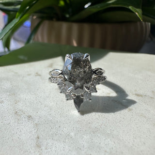 Cassiopeia Wedding Ring, Salt and Pepper Pear, 13 Diamond