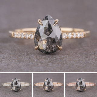 1.87 Carat Black Salt and Pepper Pear Diamond Engagement Ring, Jules Setting, Point No Point Studio. Available in a variety of metal types. Eco-friendly, Recycled Metals, Conflict Free.