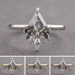 1.02 Carat Salt and Pepper Kite Diamond Engagement Ring, Ombre Cleo Setting, Point No Point Studio. Available in a variety of metal types. Eco-friendly, Recycled Metals, Conflict Free.