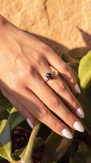 1.74 Carat Black Salt and Pepper Pear Diamond Engagement Ring, Zoe Setting, Point No Point Studio. Available in a variety of metal types. Eco-friendly, Recycled Metals, Conflict Free.