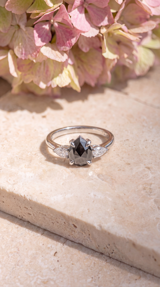 1.74 Carat Black Salt and Pepper Pear Diamond Engagement Ring, Zoe Setting, Point No Point Studio. Available in a variety of metal types. Eco-friendly, Recycled Metals, Conflict Free.