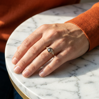 1.77 Carat Black Salt and Pepper Hexagon Diamond Engagement Ring, Dahlia Setting, Point No Point Studio. Available in a variety of metal types. Eco-friendly, Recycled Metals, Conflict Free.