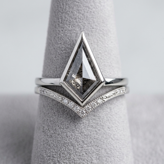 2.04 Carat Salt and Pepper Kite Diamond Engagement Ring, Bezel Jane Setting, Point No Point Studio. Available in a variety of metal types. Eco-friendly, Recycled Metals, Conflict Free.
