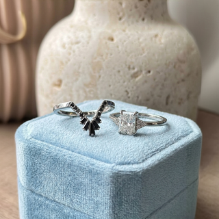 Wednesday Wedding Ring, 13 Black Diamond, Deep V Contour, Square Band