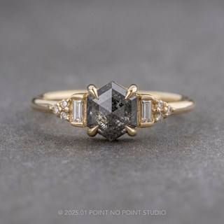 1.77 Carat Black Salt and Pepper Hexagon Diamond Engagement Ring, Dahlia Setting, Point No Point Studio. Available in a variety of metal types. Eco-friendly, Recycled Metals, Conflict Free.