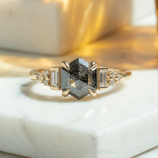 1.77 Carat Black Salt and Pepper Hexagon Diamond Engagement Ring, Dahlia Setting, Point No Point Studio. Available in a variety of metal types. Eco-friendly, Recycled Metals, Conflict Free.