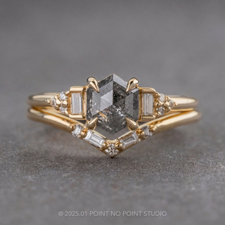 1.77 Carat Black Salt and Pepper Hexagon Diamond Engagement Ring, Dahlia Setting, Point No Point Studio. Available in a variety of metal types. Eco-friendly, Recycled Metals, Conflict Free.