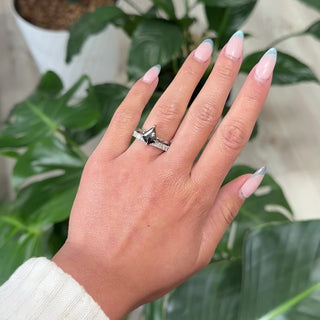 2.10 Carat Black Salt and Pepper Kite Diamond Engagement Ring, Stardust Setting, Platinum, Point No Point Studio. Eco-friendly, Recycled Metals, Conflict Free.