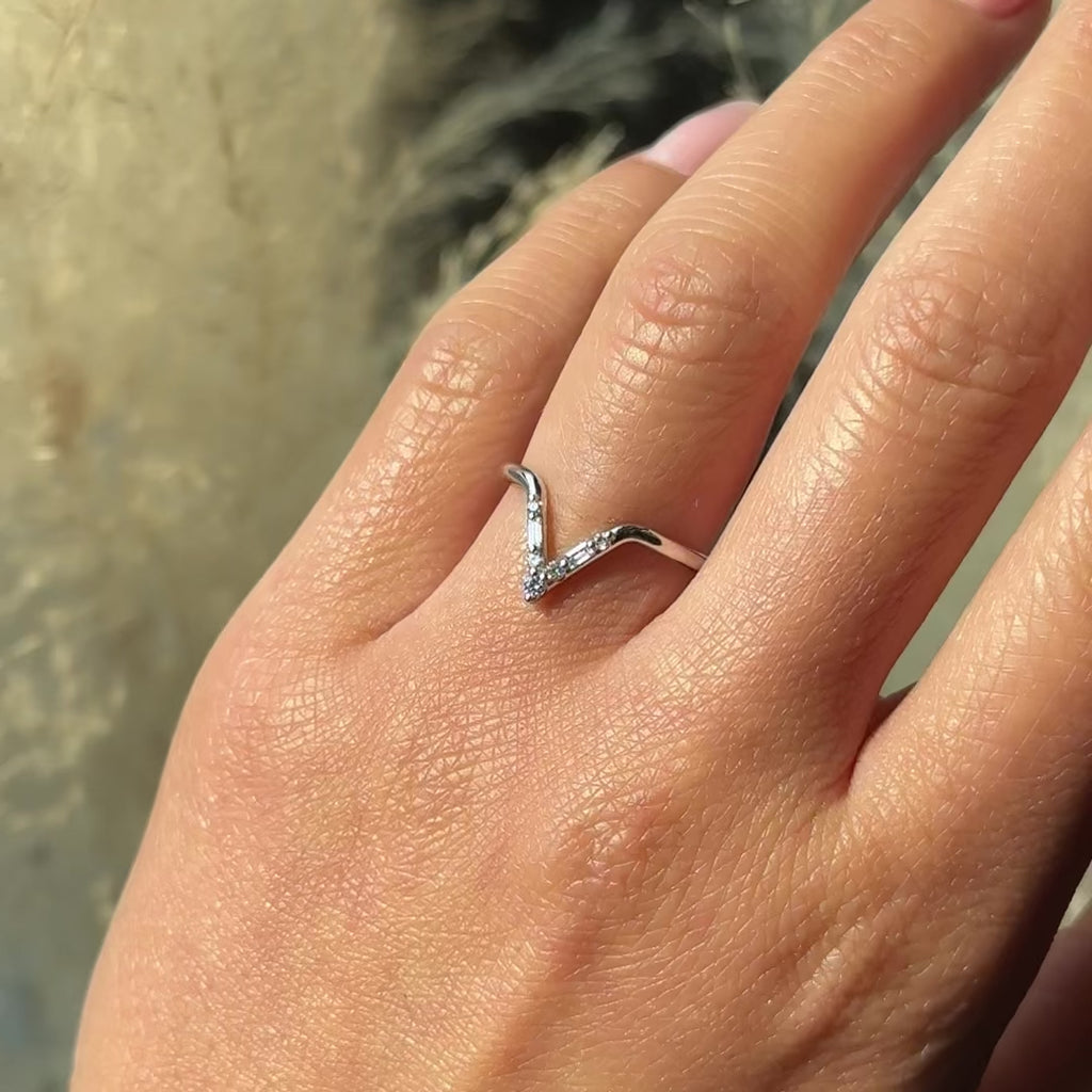 Paloma Wedding Ring, 7 Diamond, Deep V Contour, Round Band women's wedding band, Point No Point Studio. Eco-friendly, Recycled Metals, Conflict Free.