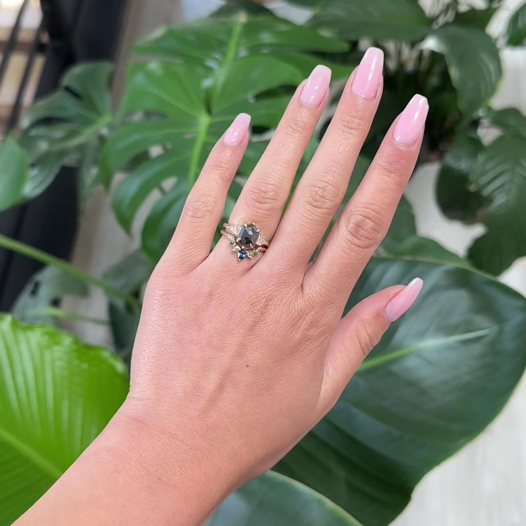 Cassie Wedding Ring, 5 Pear Sapphire and Salt and Pepper Diamonds, Round Band women's wedding band, Point No Point Studio. Eco-friendly, Recycled Metals, Conflict Free.