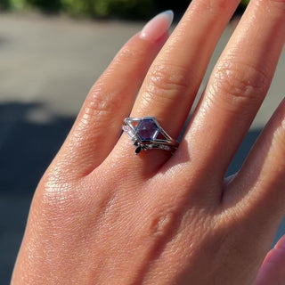 1.66 Carat Periwinkle Hexagon Sapphire Engagement Ring, Split Shank Jane Setting, Point No Point Studio. Available in a variety of metal types. Eco-friendly, Recycled Metals, Conflict Free.