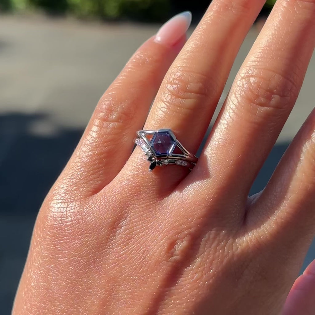 1.66 Carat Periwinkle Hexagon Sapphire Engagement Ring, Split Shank Jane Setting, Point No Point Studio. Available in a variety of metal types. Eco-friendly, Recycled Metals, Conflict Free.