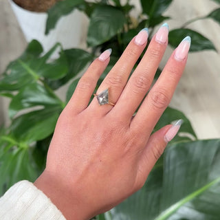 2.74 Carat Salt and Pepper Kite Diamond Engagement Ring, Jade Setting, 14k Yellow Gold, Point No Point Studio. Eco-friendly, Recycled Metals, Conflict Free.
