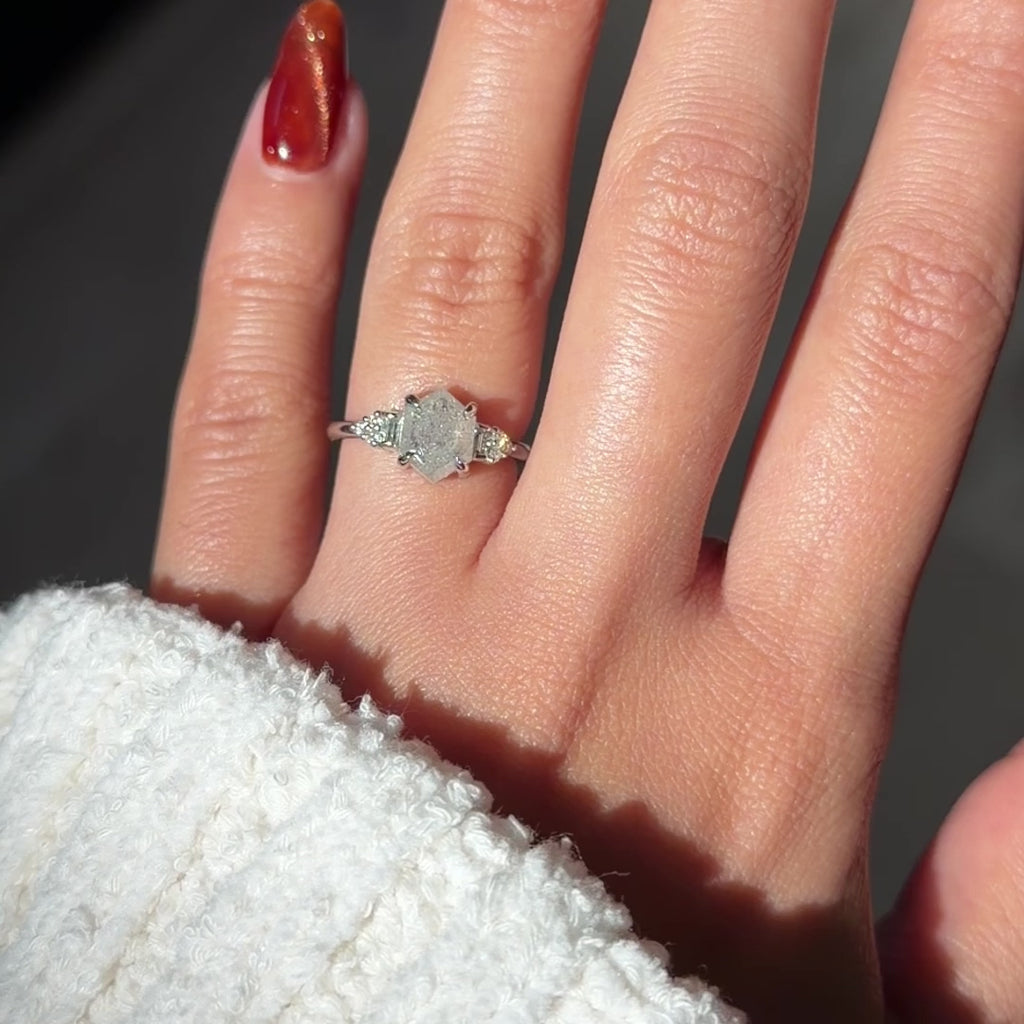 1.50 Carat Icy White Hexagon Diamond Engagement Ring, Dahlia Setting, Point No Point Studio. Available in a variety of metal types. Eco-friendly, Recycled Metals, Conflict Free.