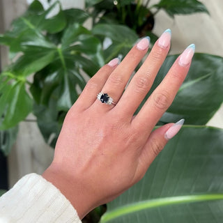 2.36 Carat Blue Hexagon Sapphire and Diamond Engagement Ring, Monarch Setting, Platinum, Point No Point Studio. Eco-friendly, Recycled Metals, Conflict Free.