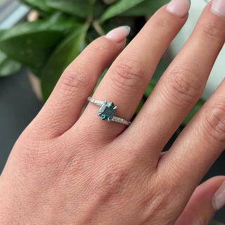 1.70 Carat Deep Blue Hexagon Sapphire and Diamond Engagement Ring, Claire Setting, Point No Point Studio. Available in a variety of metal types. Eco-friendly, Recycled Metals, Conflict Free.