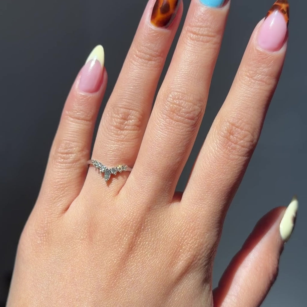 Rae Wedding Ring, Salt and Pepper Marquise, 7 Diamond, Loaf Band women's wedding band, Point No Point Studio. Eco-friendly, Recycled Metals, Conflict Free.