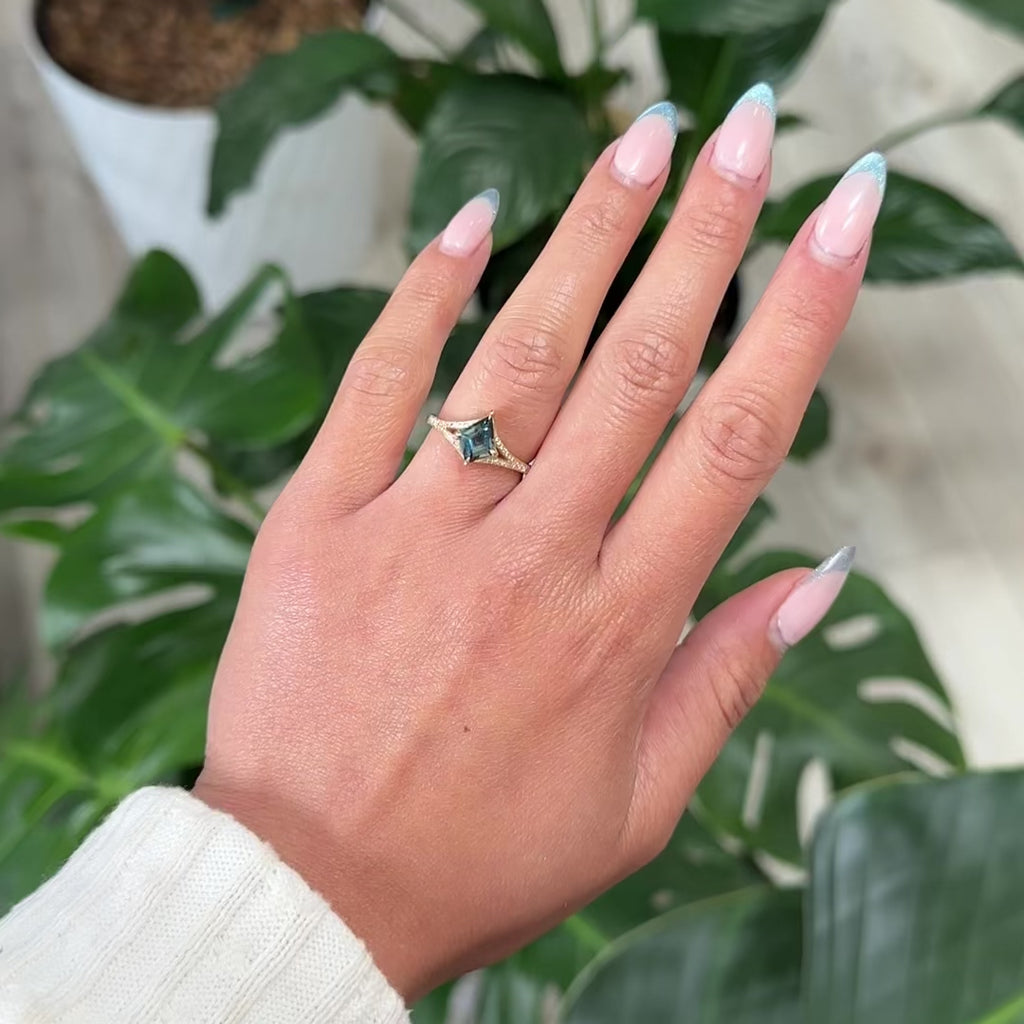 1.28 Carat Teal Kite Sapphire and Diamond Engagement Ring, Engraved River Setting, 14k Yellow Gold, Point No Point Studio. Eco-friendly, Recycled Metals, Conflict Free.