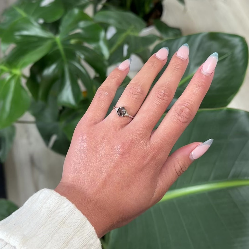 1.21 Carat Black Salt and Pepper Hexagon Diamond Engagement Ring, Zoe Setting, Platinum, Point No Point Studio. Eco-friendly, Recycled Metals, Conflict Free.