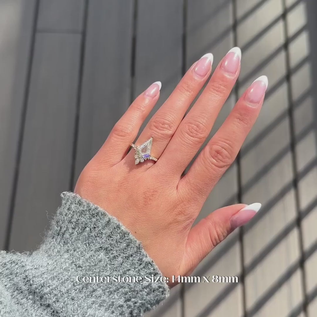 Kite Moissanite Engagement Ring, Willa Setting, Point No Point Studio. Available in a variety of metal types. Eco-friendly, Recycled Metals, Conflict Free.