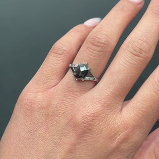 1.95 Carat Black Salt and Pepper Hexagon Diamond Engagement Ring, Ombre Sirena Setting, Point No Point Studio. Available in a variety of metal types. Eco-friendly, Recycled Metals, Conflict Free.