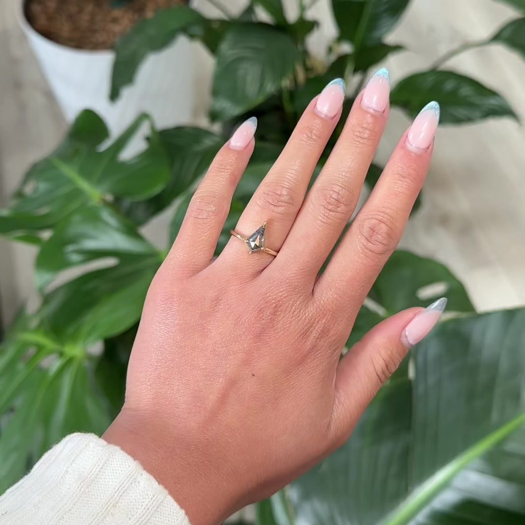 1.61 Carat Salt and Pepper Kite Diamond Engagement Ring, Jane Setting, 14k Yellow Gold, Point No Point Studio. Eco-friendly, Recycled Metals, Conflict Free.