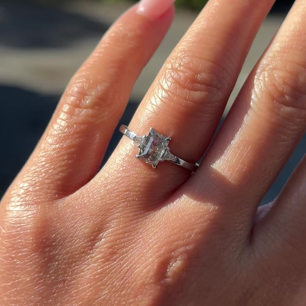 1.41 Carat Salt and Pepper Emerald Shaped Diamond Engagement Ring, Zoe Setting, Point No Point Studio. Available in a variety of metal types. Eco-friendly, Recycled Metals, Conflict Free.