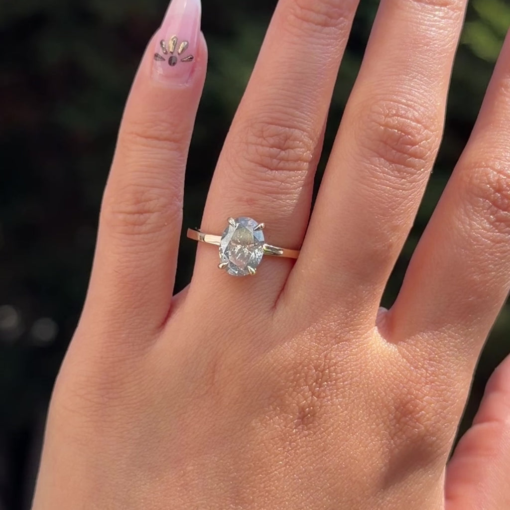 1.31 Carat Salt and Pepper Oval Diamond Engagement Ring, Basket Jane Setting, Point No Point Studio. Available in a variety of metal types. Eco-friendly, Recycled Metals, Conflict Free.