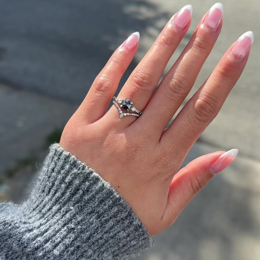1.72 Carat Black Hexagon Diamond Engagement Ring, Ombre Eliza Setting, Point No Point Studio. Available in a variety of metal types. Eco-friendly, Recycled Metals, Conflict Free.