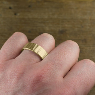 8mm Comfort Fit, 14k Yellow Gold Mens Wedding Band, Wood Grain Matte