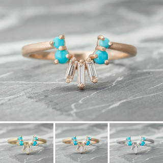 Stella Wedding Ring, Turquoise Rounds, 3 Diamond, Matte Loaf Band