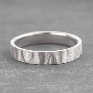 4mm Comfort Fit Mens Wedding Band, Wood Grain Matte men's wedding band, Point No Point Studio. Eco-friendly, Recycled Metals, Conflict Free.
