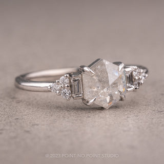 1.23 Carat Salt and Pepper Hexagon Diamond Engagement Ring, Dahlia Setting, 14K White Gold