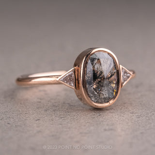 1.19 Carat Black Speckled Oval Diamond Engagement Ring, Bezel Zoe Setting, 14K Rose Gold