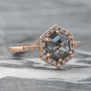 1.34 Carat Salt and Pepper Hexagon Diamond Engagement Ring, Fiona Setting, 14K Rose Gold