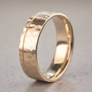 6mm 14k Yellow Gold Mens Wedding Band With Asymmetrical Notch,  Hammered Matte