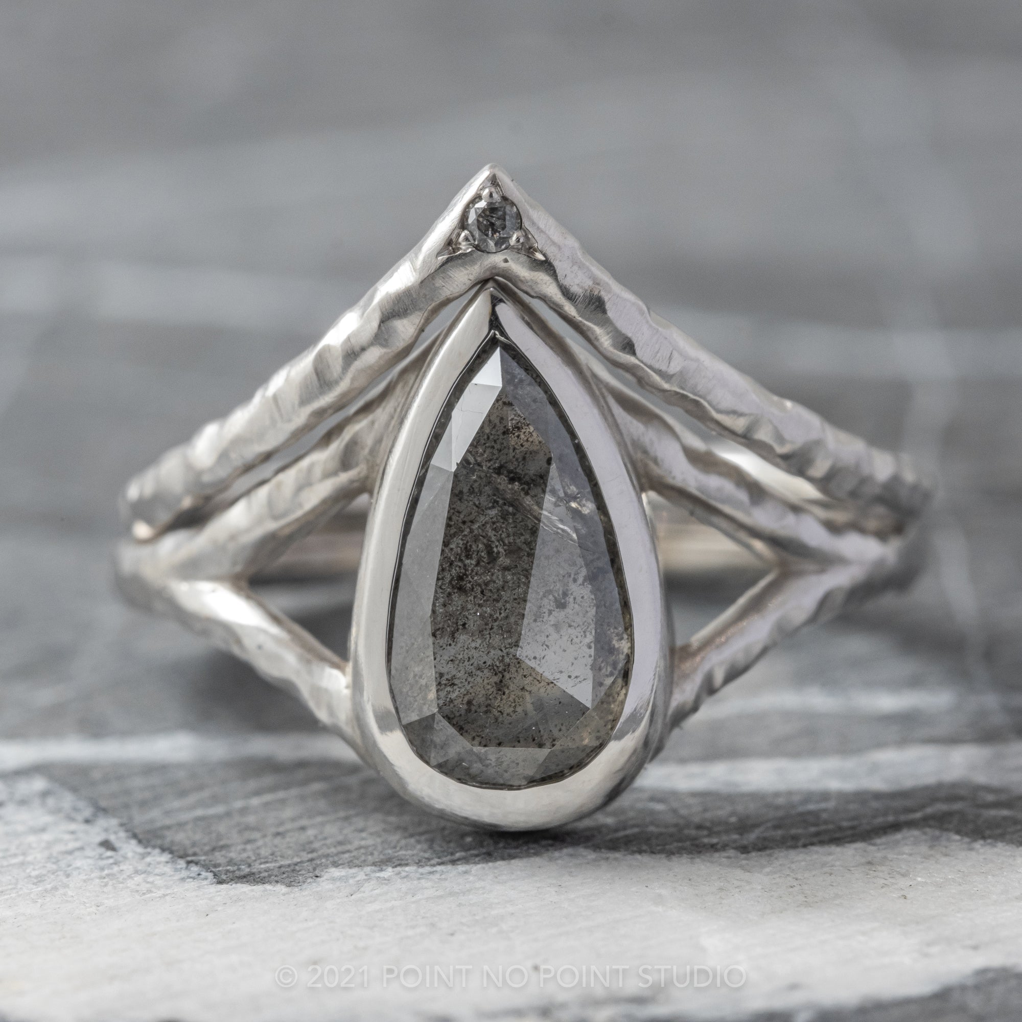 Custom Bezel Pear Hammered Engagement Ring Wedding Band Set