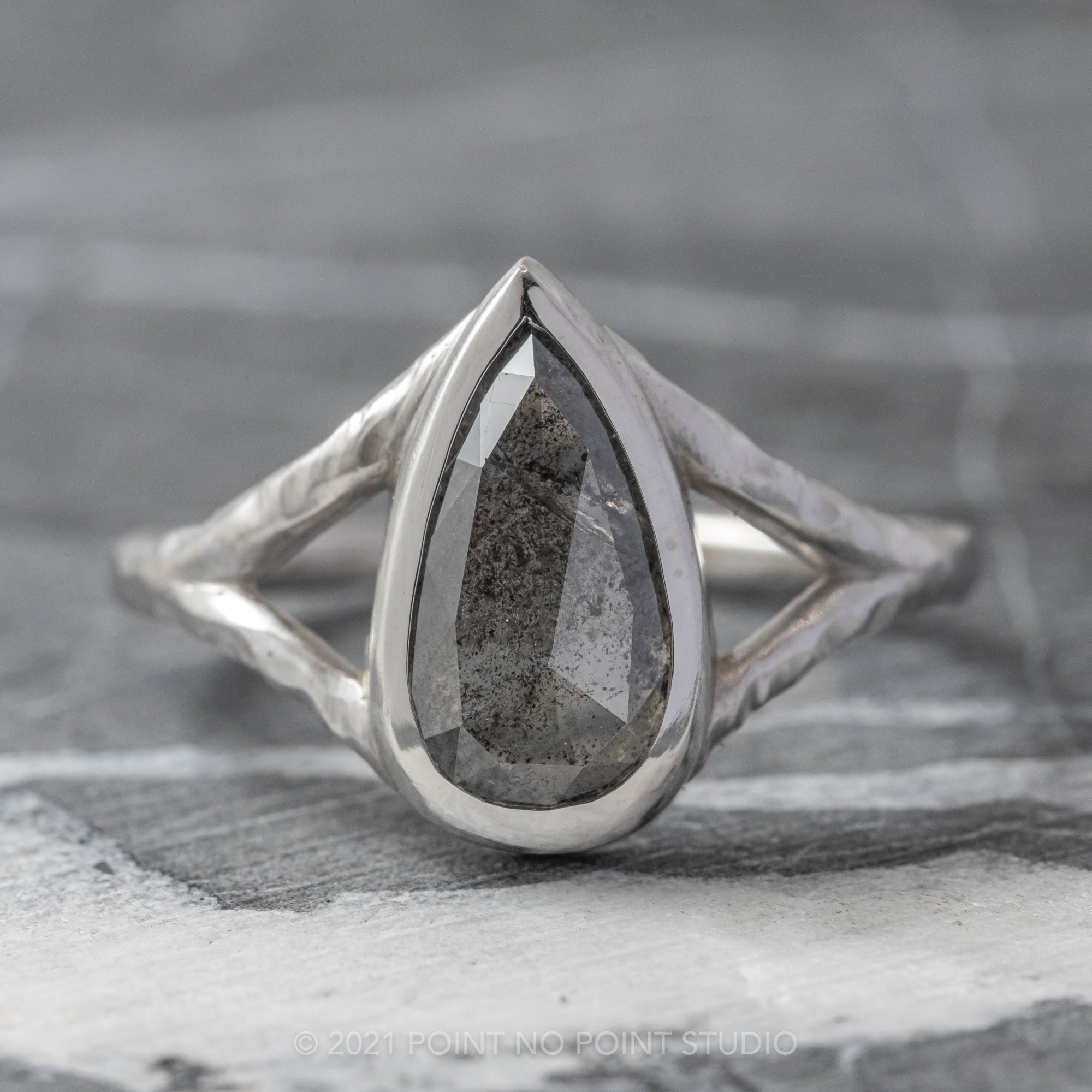 Custom Bezel Pear Hammered Engagement Ring Wedding Band Set