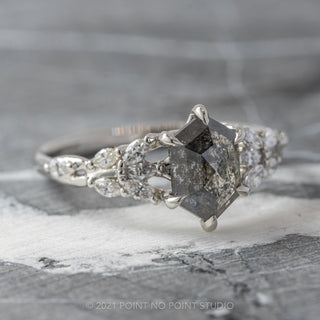 2.13 Carat Black Speckled Hexagon Diamond Engagement Ring, Winnie Setting, 14K White Gold