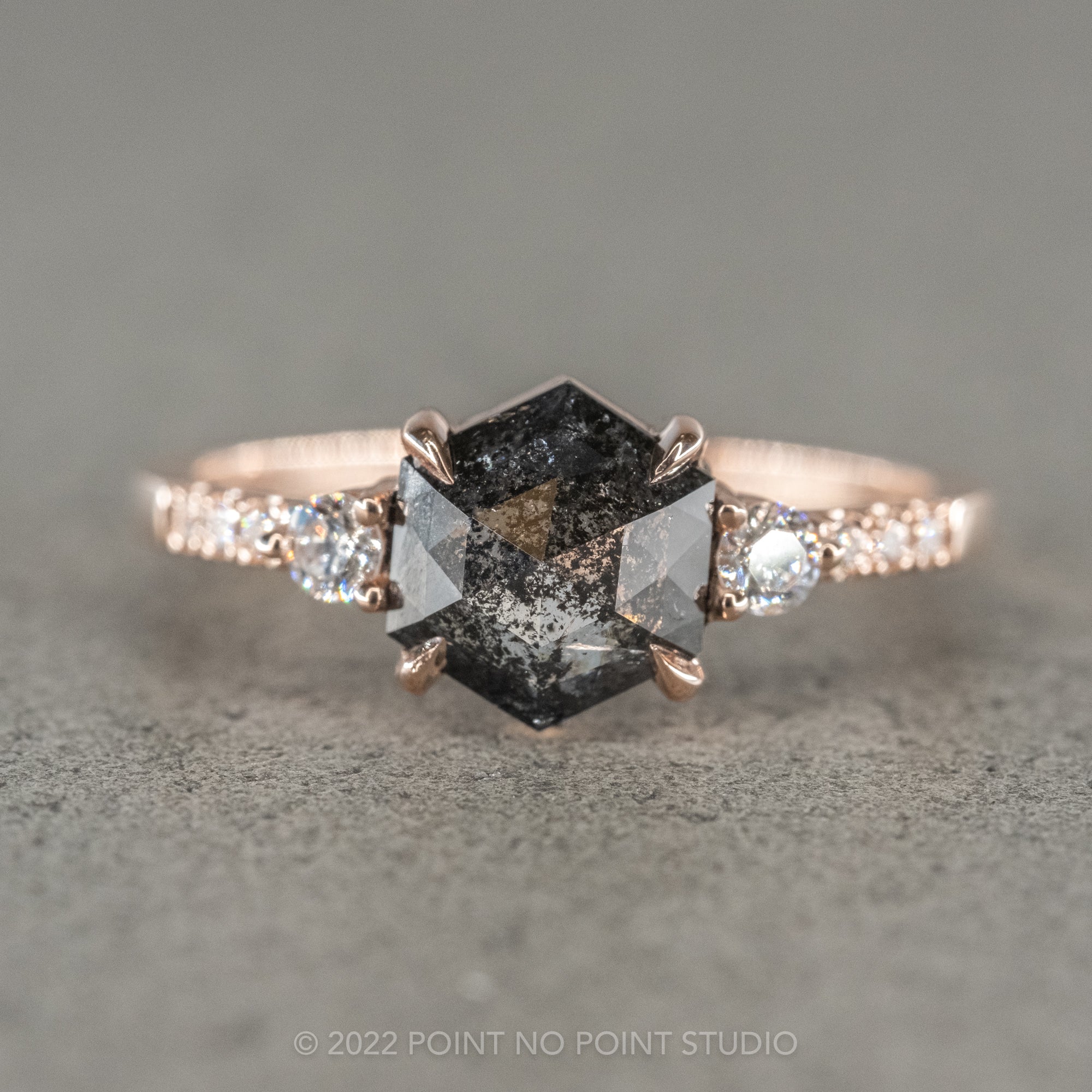 1.87 Carat Black Speckled Hexagon Diamond Engagement Ring, Eliza Setting,  14K Rose Gold