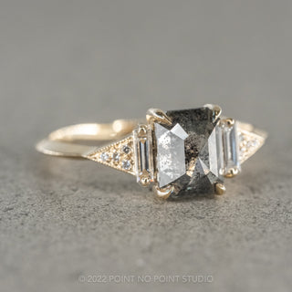 1.73 Carat Salt and Pepper Emerald Diamond Engagement Ring, Azalea Setting, 14K Yellow Gold